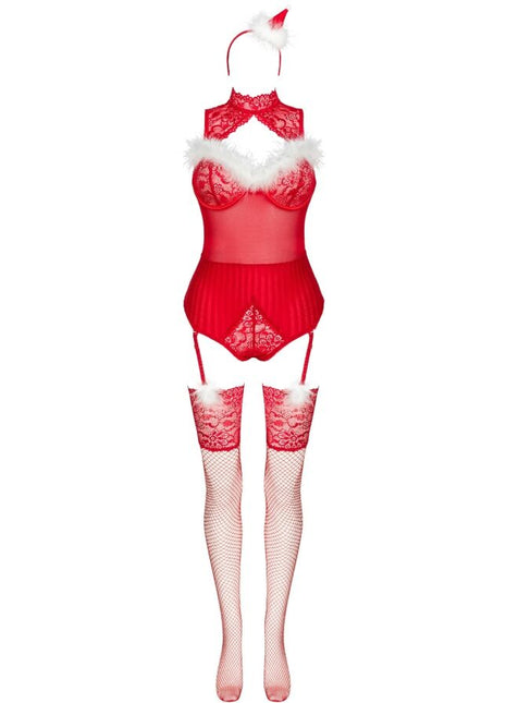 Rotes spitzen-lingerie-set mit weißem fellbesatz und passenden fischernetzstrümpfen von livco corsetti fashion