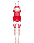 Rotes spitzen-lingerie-set mit weißem fellbesatz und passenden fischernetzstrümpfen von livco corsetti fashion