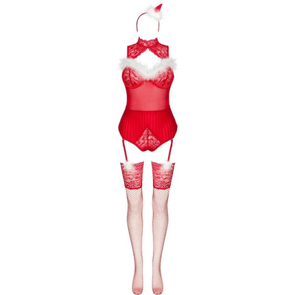 Rotes spitzen-lingerie-set mit weißem fellbesatz und passenden fischernetzstrümpfen von livco corsetti fashion