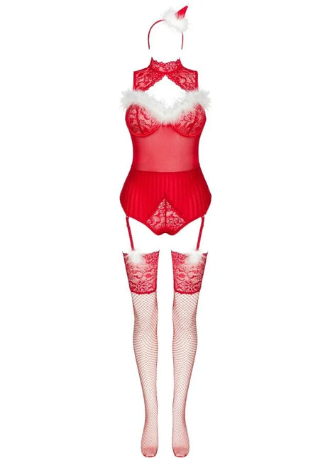 Rotes spitzen-lingerie-set mit weißem fellbesatz und passenden fischernetzstrümpfen von livco corsetti fashion