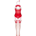 Rotes spitzen-lingerie-set mit weißem fellbesatz und passenden fischernetzstrümpfen von livco corsetti fashion