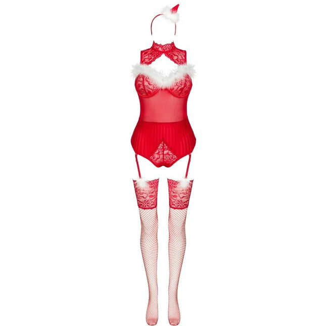 Rotes spitzen-lingerie-set mit weißem fellbesatz und passenden fischernetzstrümpfen von livco corsetti fashion
