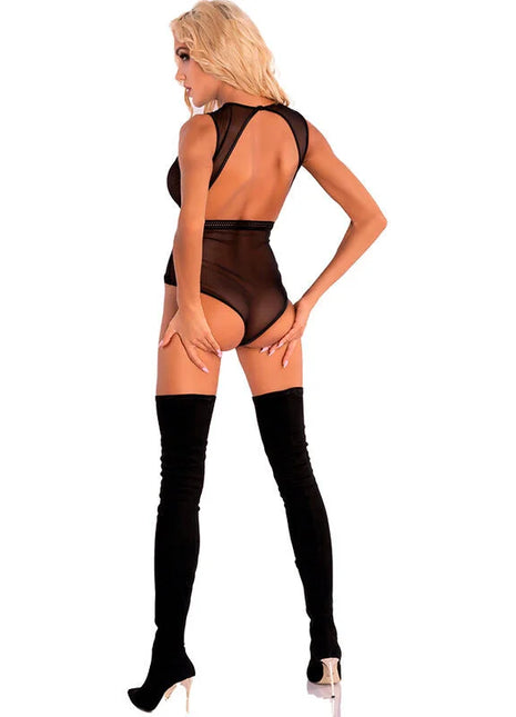 Schwarzer transparenter mesh-body mit rückenfreiem design und hoher taille von livco corsetti fashion