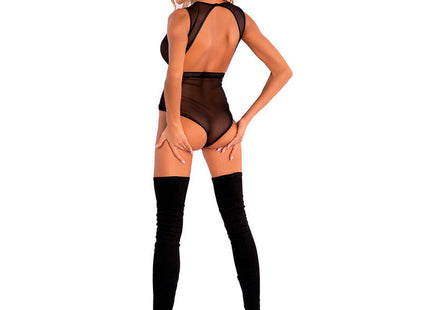 Schwarzer transparenter mesh-body mit rückenfreiem design und hoher taille von livco corsetti fashion