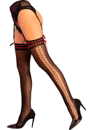 Schwarze transparente livco corsetti fashion loliwia lc19330 strumpf mit goldener spitze und rotem saum zu schwarzen hohen absätzen