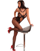 Schwarzer livco corsetti fashion magali lc 17036 bodystocking aus spitze mit fischernetzstrümpfen und roten absätzen