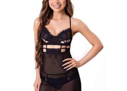 Schwarzes livco corsetti fashion maia 20247 babydoll und tanga aus spitzenspitze und transparentem mesh mit cutouts