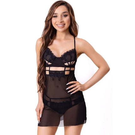 Schwarzes livco corsetti fashion maia 20247 babydoll und tanga aus spitzenspitze und transparentem mesh mit cutouts