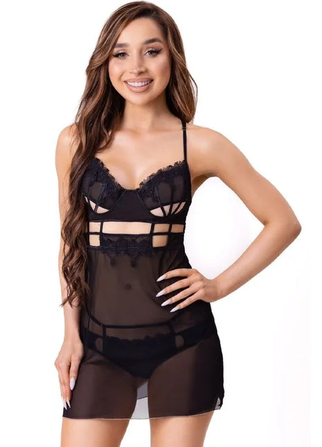 Schwarzes livco corsetti fashion maia 20247 babydoll und tanga aus spitzenspitze und transparentem mesh mit cutouts