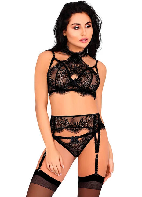 Schwarzes spitzen lingerie set von livco corsetti fashion mit floralen mustern und passenden strumpfhaltern in größe l xl