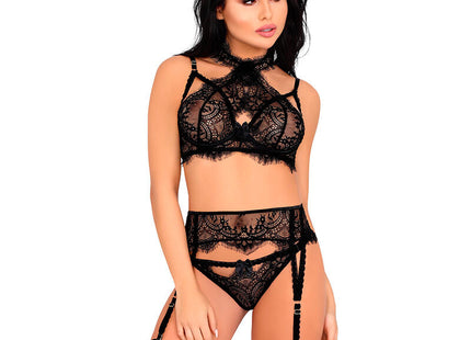 Schwarzes spitzen lingerie set von livco corsetti fashion mit floralen mustern und passenden strumpfhaltern in größe l xl