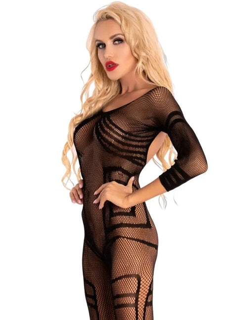 Schwarzer fishnet bodysuit mit geometrischen musterpanelen von livco corsetti fashion melisenda cf 1709