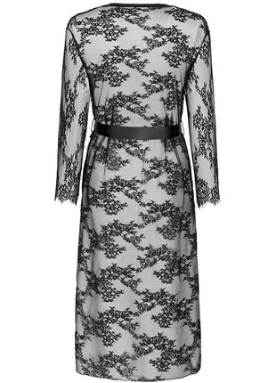 Schwarzes schwarzes kleid livco corsetti fashion mostina mit schwarzer blütenspitzen überlagerung und grauem transparentem grundstoff
