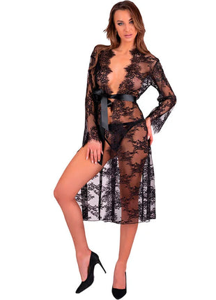 Schwarzer livco corsetti fashion mostina spitzenmantel mit tiefem v ausschnitt langen ärmeln und satin gürtel