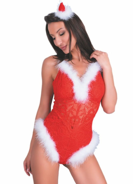 Roter spitzen-bodysuit mit weißem kunstpelzbesatz und passendem flauschigem stirnband von livco corsetti fashion