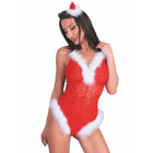 Roter spitzen-bodysuit mit weißem kunstpelzbesatz und passendem flauschigem stirnband von livco corsetti fashion