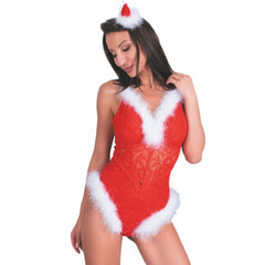Roter spitzen-bodysuit mit weißem kunstpelzbesatz und passendem flauschigem stirnband von livco corsetti fashion