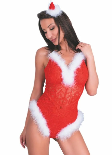 Roter spitzen-bodysuit mit weißem kunstpelzbesatz und passendem flauschigem stirnband von livco corsetti fashion