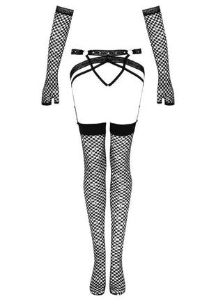 Schwarz weiß kariertes fishnet lingerie set mit spitzenbesatz und verstellbaren trägern von livco corsetti fashion
