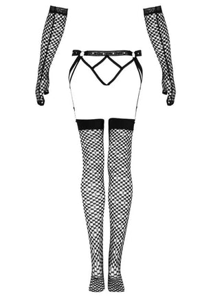 Schwarz-weiß kariertes fischnetz strumpfhalter set mit spitzen-schnürung von livco corsetti fashion