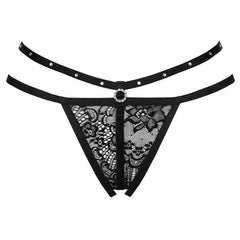 Schwarzer tanga mit spitze und strassverzierung von livco corsetti fashion nomade mit verstellbaren trägern