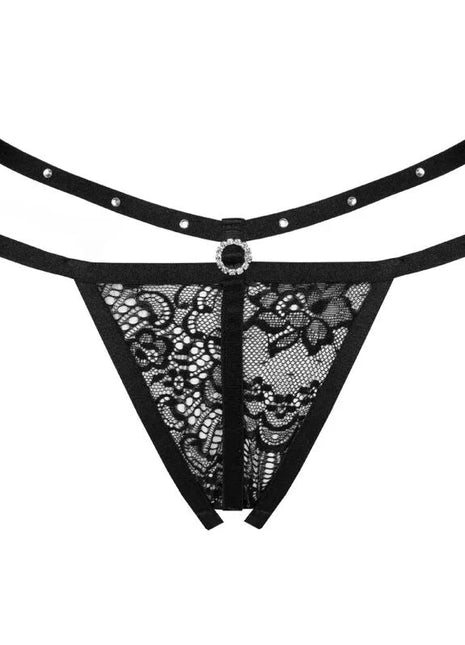 Schwarzer tanga mit spitze und strassverzierung von livco corsetti fashion nomade mit verstellbaren trägern