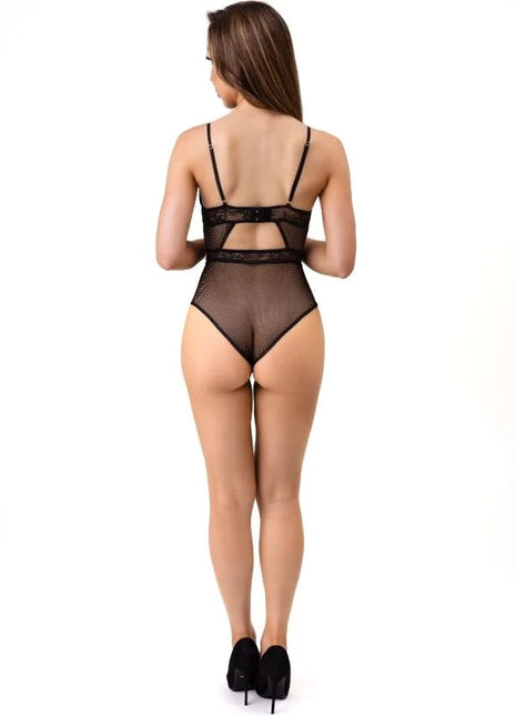 Schwarzer mesh bodysuit mit spitzenverzierungen und dünnen trägern von livco corsetti fashion s m