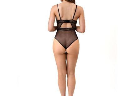 Schwarzer mesh bodysuit mit spitzenverzierungen und dünnen trägern von livco corsetti fashion s m