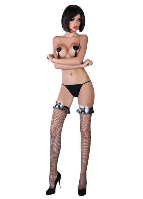 Schwarze fishnet strümpfe mit spitze und schleifen von livco corsetti fashion modell pearl black cf 17277 s/l