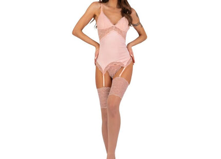 Delikater rosa spitzenbodysuit mit passenden transparenten strümpfen und strumpfhaltern von livco corsetti fashion