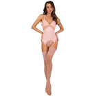 Delikater rosa spitzenbodysuit mit passenden transparenten strümpfen und strumpfhaltern von livco corsetti fashion