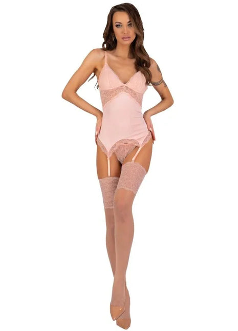 Delikater rosa spitzenbodysuit mit passenden transparenten strümpfen und strumpfhaltern von livco corsetti fashion
