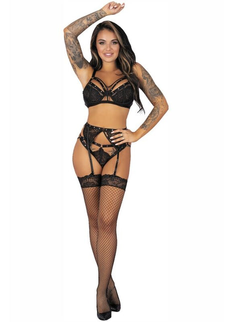 Schwarzes spitzen-lingerie-set mit fishnet-strümpfen von livco corsetti fashion modell pojzon lc 90670