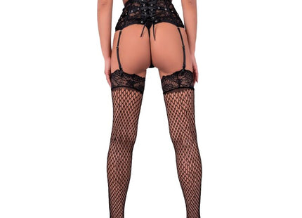 Schwarzer high-waist strapsgürtel aus spitze mit fischnetzstrümpfen von livco corsetti fashion in l/xl
