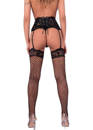 Schwarzer high-waist strapsgürtel aus spitze mit fischnetzstrümpfen von livco corsetti fashion in l/xl
