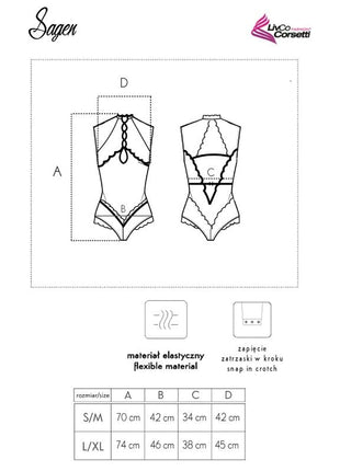 Diagramm des sagen body corsetts in schwarz mit flexiblem material spitzenbesatz und druckknopfverschluss
