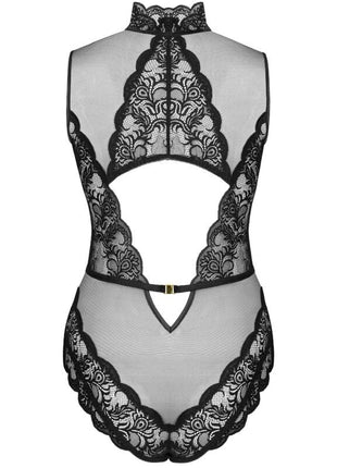 Schwarzer livco corsetti fashion sagen body aus spitze mit transparenten mesh-einsätzen und hohem kragen