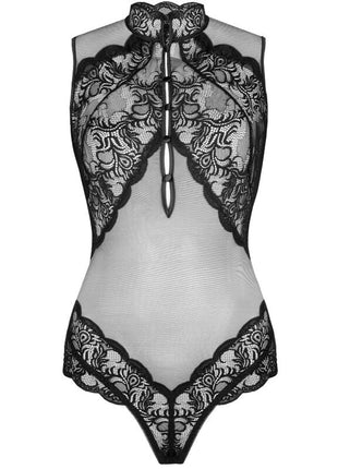 Schwarzer spitzenbody mit floralen mustern und hohem kragen von livco corsetti fashion sagan