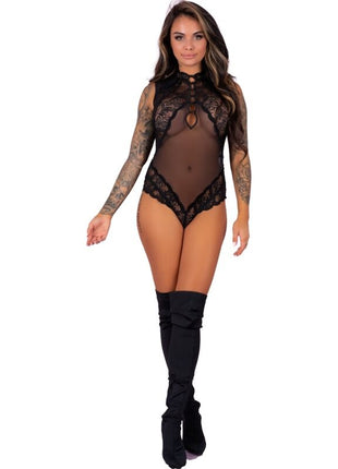 Schwarzer spitzenbody mit transparenten mesh-einsätzen und hohem kragen von livco corsetti fashion