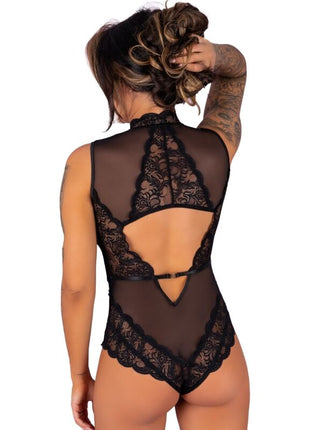 Schwarzer Black lace bodysuit von Livco Corsetti Fashion mit transparenten Mesh-Einsätzen und hohem Kragen