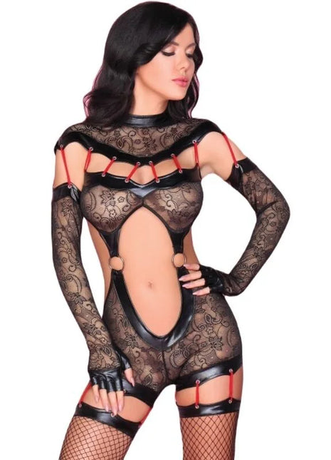 Schwarzer livco corsetti fashion sakura jumpsuit aus spitze mit roter schnürung und lederakzenten in s m