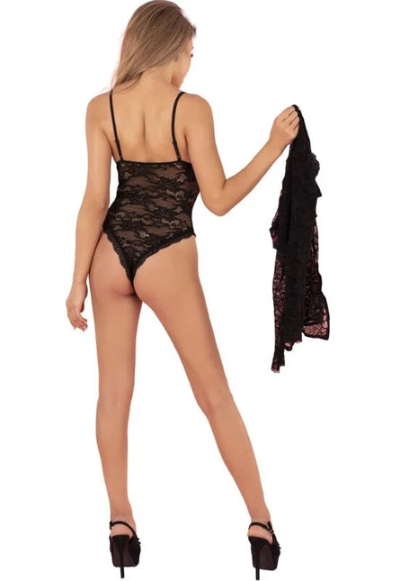 Schwarzer spitzen bodysuit mit dünnen trägern und hohem beinschnitt von livco corsetti fashion silomin lc 1401