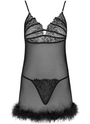 Schwarzer spitzen- und mesh-nachtanzug mit federrand von livco corsetti fashion zerunam set babydoll und tanga