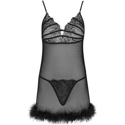 Schwarzer spitzen- und mesh-nachtanzug mit federrand von livco corsetti fashion zerunam set babydoll und tanga