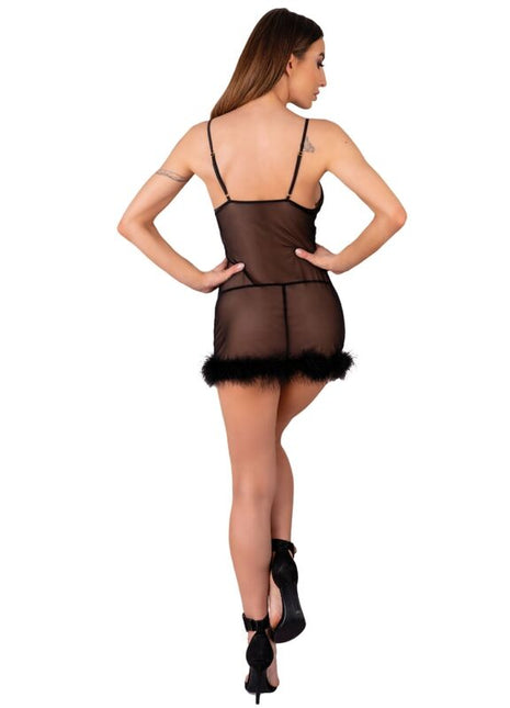 Schwarzes sheer mesh bodycon kleid mit dünnen trägern und federbesetztem saum von livco corsetti fashion