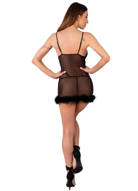 Schwarzes sheer mesh bodycon kleid mit dünnen trägern und federbesetztem saum von livco corsetti fashion