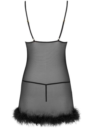 Schwarzes transparentes mesh-nightgown mit dünnen trägern und gefiedertem saum von livco corsetti fashion