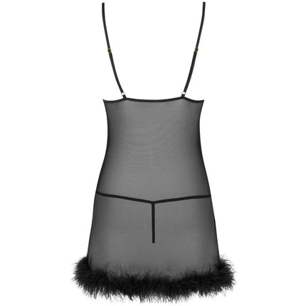 Schwarzes transparentes mesh-nightgown mit dünnen trägern und gefiedertem saum von livco corsetti fashion