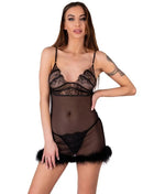 Schwarzes spitzen- und transparentes mesh-lingerie-kleid mit federbesatz aus dem livco corsetti fashion zerunam set babydoll plus schwarzer tanga
