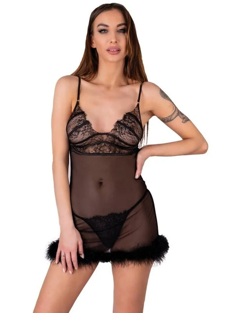 Schwarzes spitzen- und transparentes mesh-lingerie-kleid mit federbesatz aus dem livco corsetti fashion zerunam set babydoll plus schwarzer tanga